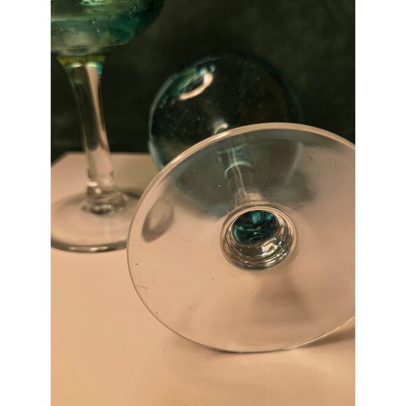 Bubble wine Goblets Three glasses 9" Tall  Ombre blue / green / yellow Mexico? - Picture 6 of 9